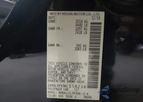 2019 Nissan Altima 2.0 Edition One from USA, damaged, VIN 1N4AL4FV3KC158216